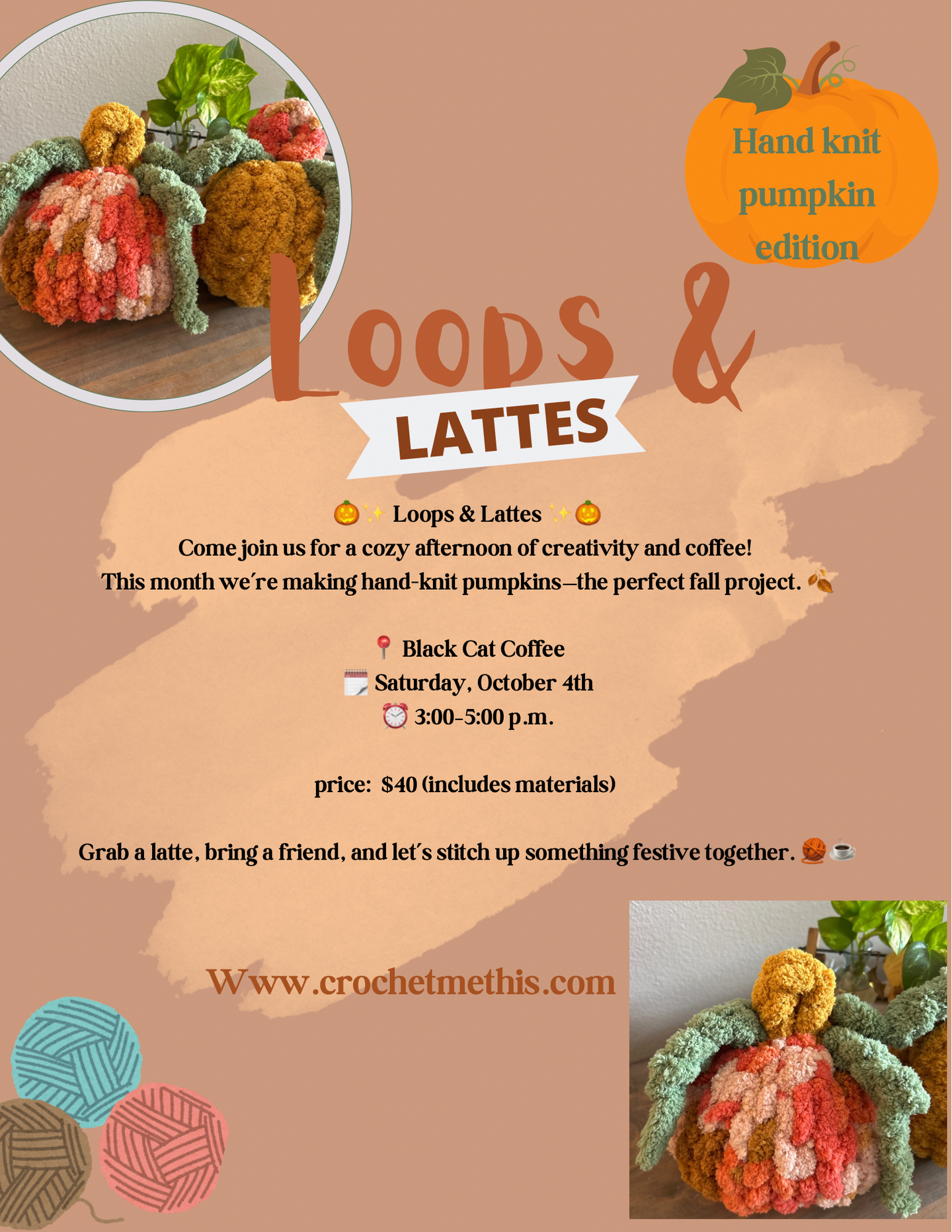 Loops and lattes (hand knit pumpkin edition)